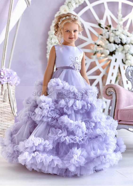 Lavender Beaded Satin Tulle Ruffled Flower Girl Dress Lavender Beaded Satin Tulle Ruffled Flower Girl Dress